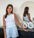 Women Summer Pajama set Off White Top + White X Light Blue Plaid Shorts